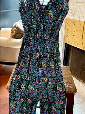 Black Floral Smocked Jumpsuit with Teal, Yellow & Pink Flowers